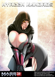 Rule 34 | 1girl, alien, alternate breast size, breasts squeezed together, breasts, cameltoe, cleavage, hood, huge breasts, itt0ryu, leaning forward, mass effect (series), mass effect 3, nyreen kandros, solo, turian, v arms, watermark, web address, yellow eyes