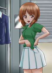 Rule 34 | 10s, 1girl, blue jacket, blurry, blurry background, brown eyes, brown hair, commentary request, depth of field, from side, girls und panzer, green shirt, indoors, jacket, unworn jacket, locker, locker room, long sleeves, looking to the side, military, military uniform, miniskirt, nishizumi miho, ooarai military uniform, open clothes, open mouth, open skirt, pleated skirt, shirt, short hair, short sleeves, skirt, smile, solo, standing, t k, undressing, uniform, white skirt