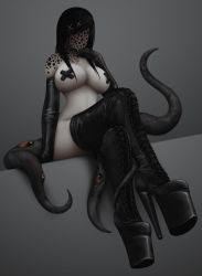 Rule 34 | 1girl, black footwear, black gloves, black hair, boots, breasts, colored sclera, colored skin, commentary, covered erect nipples, cross-laced footwear, cross pasties, crossed legs, elbow gloves, eldritch abomination, english commentary, extra eyes, extra mouth, faceless, faceless female, full body, gloves, grey background, hair ornament, high heel boots, high heels, highres, horror (theme), horror maid (imp (impractical)), imp (impractical), lace-up boots, large breasts, leather, leather boots, leather gloves, long hair, narrow waist, original, pale skin, pasties, phallic symbol, platform footwear, platform heels, red sclera, sitting, solo, tape, tape on nipples, thigh boots, thighhighs, trypophobia, white skin, x hair ornament