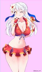 Rule 34 | 1girl, :q, absurdres, bikini, bikini skirt, bird, bird on hand, birthmark, blush, breasts, cleavage, closed mouth, collarbone, cowboy shot, fingerless gloves, fire emblem, fire emblem: radiant dawn, fire emblem heroes, front-tie top, gloves, grey hair, hair ribbon, half updo, hand up, highres, jarckius, large breasts, long hair, micaiah (fire emblem), micaiah (summer) (fire emblem), miniskirt, navel, nintendo, official alternate costume, one eye closed, pink background, red bikini, red gloves, ribbon, simple background, skirt, smile, solo, swimsuit, thighs, tongue, tongue out, twitter username, wet, yellow eyes, yune (fire emblem)