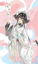 1girl ;d absurdres black_hair blush chinese_clothes confetti food-themed_hair_ornament futao_ping_(wuhua_mixin) going_nutsi hair_ornament highres holding long_hair long_sleeves looking_at_viewer mole mole_under_mouth one_eye_closed open_mouth peach_hair_ornament peach_print red_eyes sidelocks smile solo sparkle standing standing_on_one_leg wide_sleeves wuhua_mixin