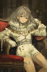 Rule 34 | 1boy, alternate costume, arm rest, ascot, bad id, bad twitter id, blue eyes, bridal garter, commentary, couch, crossdressing, crown, earrings, elbow rest, feet out of frame, fringe trim, funabashi (iwzry), fur trim, genderswap, genderswap (ftm), gloves, grey hair, heart, heart earrings, highres, idolmaster, idolmaster shiny colors, indoors, jewelry, looking at viewer, open mouth, serizawa asahi, short hair, shorts, sitting, smile, solo, trap, white ascot, white gloves, white shorts