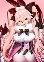 Rule 34 | 1girl, animal ear fluff, animal ears, black bow, black gloves, bow, breasts, cloak, coattails, collared shirt, corset, dress shirt, fate/grand order, fate (series), fox shadow puppet, fox tail, fur collar, glasses, gloves, hair between eyes, hair bow, highres, koyanskaya (assassin) (second ascension) (fate), koyanskaya (fate), large breasts, long hair, long sleeves, looking at viewer, open mouth, pantyhose, pink hair, rabbit ears, rahato, shirt, sidelocks, smile, solo, tail, tamamo (fate), thighs, twintails, underbust, white cloak, white pantyhose, white shirt, yellow eyes