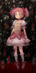 Rule 34 | 10s, 1girl, bad id, blood, blood on clothes, blood on face, bubble skirt, chest jewel, full body, gloves, kaname madoka, kneehighs, magical girl, mahou shoujo madoka magica, mahou shoujo madoka magica (anime), moai (aoh), pink eyes, pink hair, shoes, short hair, short twintails, skirt, socks, solo, twintails, white socks