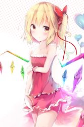 Rule 34 | 1girl, blonde hair, blush, bow, brown eyes, collarbone, flandre scarlet, hair between eyes, hair bow, hair ribbon, highres, long hair, looking at viewer, miniskirt, multicolored hair, parted lips, polka dot, polka dot background, red bow, red ribbon, red shirt, red skirt, ribbon, shirt, side ponytail, skirt, sleeveless, solo, standing, strapless, touhou, two-tone hair, wings, wrist cuffs, yu (pixiv4533761)