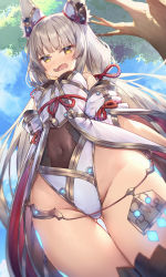 Rule 34 | 1girl, animal ears, bare shoulders, blush, breasts, cat ears, detached sleeves, embarrassed, highres, leotard, long hair, long sleeves, looking at viewer, medium breasts, nia (blade) (xenoblade), nia (xenoblade), open mouth, thick thighs, thigh gap, thighs, topia, twintails, xenoblade chronicles (series), xenoblade chronicles 2