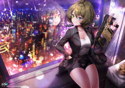 Rule 34 | 10s, 1girl, absurdres, bad id, bad pixiv id, blue eyes, blush, breasts, chocolate chip cookie, cleavage, closed mouth, cookie, food, green eyes, green hair, gun, hand in pocket, heterochromia, highres, holding, holding gun, holding weapon, idolmaster, idolmaster cinderella girls, kyjsogom, large breasts, looking away, mole, mole under eye, short shorts, shorts, sitting, smile, solo, takagaki kaede, weapon