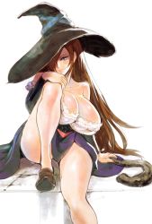 Rule 34 | 1girl, bare shoulders, breasts, cleavage, detached sleeves, dragon&#039;s crown, dress, female focus, hat, huge breasts, long hair, orange hair, partially colored, sitting, solo, sorceress (dragon&#039;s crown), staff, strapless, strapless dress, white background, witch hat