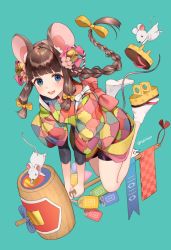 Rule 34 | 1girl, animal ear fluff, animal ears, aqua background, bell, blue eyes, blunt bangs, braid, braided ponytail, brown hair, flower, full body, geta, hair bell, hair flower, hair ornament, hair ribbon, holding, japanese clothes, kimono, kouhaku nawa, long hair, looking at viewer, mallet, mouse (animal), mouse ears, open mouth, ribbon, rope, shimenawa, shoe loss, simple background, single braid, smile, solo, tabi, twitter username, two-handed, usamochi., white legwear