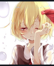 Rule 34 | 1girl, ;(, black vest, blonde hair, blush, buttons, close-up, closed mouth, collared shirt, crying, crying with eyes open, frown, hair ribbon, hand in own hair, hand up, letterboxed, long sleeves, looking away, looking down, misa (kaeruhitode), red eyes, red ribbon, ribbon, rubbing eyes, rumia, shirt, short hair, simple background, solo, tears, touhou, upper body, vest, wet, wet hair, white background, white shirt, wing collar