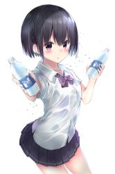 Rule 34 | 1girl, arched back, black hair, black skirt, blush, bottle, bow, bowtie, collared shirt, cowboy shot, highres, holding, holding bottle, looking at viewer, neku (neku draw), offering drink, original, parted lips, pleated skirt, purple bow, purple bowtie, purple eyes, school uniform, see-through, shirt, short hair, short sleeves, simple background, skirt, solo, striped bow, striped bowtie, striped clothes, striped neckwear, white background, white shirt