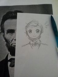 Rule 34 | 1boy, abraham lincoln, beard, black hair, comparison, facial hair, flandre495, looking at viewer, male focus, mechanical pencil, monochrome, multiple views, paper, parody, pencil, photo (medium), photo (object), real life, short hair, smile, style parody, traditional media, zun (style)