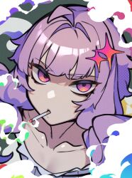Rule 34 | 1girl, ahoge, bags under eyes, breasts, collarbone, colored smoke, cropped shoulders, expressionless, green background, halftone, highres, looking at viewer, multicolored eyes, orange eyes, purple eyes, short hair with long locks, simple background, small breasts, smoking, solo, sparkle hair ornament, toriniku29, upper body, vocaloid, voiceroid, yuzuki yukari