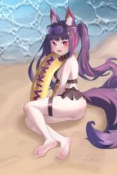 1girl absurdres animal_ear_fluff animal_ears bare_legs bare_shoulders barefoot beach bikini black_bikini day eyewear_on_head fang feet fox_ears fox_girl fox_tail highres long_hair looking_at_viewer ocean original purple_hair red_eyes skin_fang soles sunglasses swimsuit tail toes yi_lucid