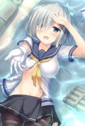 Rule 34 | 1girl, :d, black pantyhose, black skirt, blue eyes, blush, breasts, day, from above, gloves, hair ornament, hair over one eye, hairclip, hamakaze (kancolle), highres, kantai collection, lying, medium breasts, midriff, miniskirt, navel, neckerchief, on back, open mouth, outdoors, pantyhose, pleated skirt, shirt, short hair, short sleeves, silver hair, skirt, smile, solo, stomach, tomoo (tomo), torn clothes, torn neckerchief, torn shirt, torn skirt, underboob, unworn gloves, white gloves, white shirt, yellow neckerchief