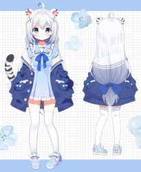Rule 34 | 1girl, :o, ahoge, animal ears, blue bow, blue dress, blue eyes, blue footwear, blue jacket, blue sailor collar, bow, character request, dress, floral background, frilled sailor collar, frills, grey hair, hair between eyes, hair bow, hair ornament, indie virtual youtuber, jacket, long hair, long sleeves, low-tied long hair, mauve, multiple views, off shoulder, open clothes, open jacket, parted lips, puffy long sleeves, puffy sleeves, sailor collar, sailor dress, shoes, sleeves past wrists, tail, thighhighs, tiger ears, tiger girl, tiger tail, turnaround, very long hair, virtual youtuber, white sailor collar, white thighhighs, x-ray, x hair ornament