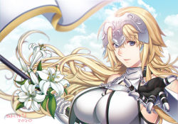 Rule 34 | 1girl, armor, armored dress, banner, bare shoulders, black gloves, blonde hair, blue eyes, blue sky, breasts, chain, cloud, commentary request, fate/apocrypha, fate/grand order, fate (series), flag, flower, gauntlets, gloves, headpiece, hiyoshi hana, jeanne d&#039;arc (fate), jeanne d&#039;arc (ruler) (fate), jeanne d&#039;arc (third ascension) (fate), large breasts, long hair, looking at viewer, outstretched hand, parted lips, signature, sky, standard bearer, very long hair