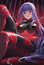 Rule 34 | 1girl, asagami fujino, bdsm, blue hair, bodysuit, bondage, bondage outfit, boots, bound, breasts, cage, chain, elbow gloves, eyebrows hidden by hair, fate/grand order, fate (series), gloves, highres, kara no kyoukai, lalatia-meai, large breasts, latex, latex bodysuit, long hair, looking at viewer, purple hair, red eyes, red footwear, sadism, sitting, solo, thigh boots