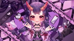 Rule 34 | absurdres, bandages, black nails, bow, breasts, chain, claw ring, cleavage, crack, cracked glass, cracked phone, earrings, fangs, gauze on cheek, hair ornament, hand mirror, highres, horns, indie virtual youtuber, jewelry, makeup brush, mirror, nail polish bottle, o-ring, open mouth, purple hair, purple theme, red bow, red eyes, red horns, rengoku otone, ring, serurosu, virtual youtuber