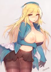 Rule 34 | 10s, 1girl, atago (kancolle), beret, black gloves, black pantyhose, blonde hair, blush, breast hold, breasts, crotch seam, gloves, green eyes, hat, highres, kantai collection, large breasts, long hair, long sleeves, looking at viewer, military, military uniform, mukka, nipples, nose blush, open clothes, open mouth, pantyhose, simple background, solo, standing, thighband pantyhose, twitter username, uniform, very long hair