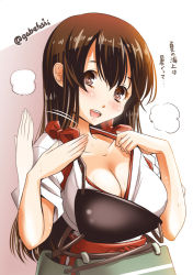 Rule 34 | 10s, 1girl, akagi (kancolle), blush, breasts, brown eyes, brown hair, cleavage, fanning face, female focus, heavy breathing, hot, japanese clothes, kantai collection, long hair, looking at viewer, muneate, open mouth, sogabe toshinori, solo, sweat, tasuki, twitter username, upper body