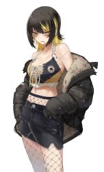 Rule 34 | 1girl, absurdres, alternate breast size, bare shoulders, black hair, blonde hair, breasts, cleavage, clenched teeth, coat, cowboy shot, crop top, cross-laced clothes, cross-laced top, denim, denim skirt, fishnet pantyhose, fishnets, highres, idolmaster, idolmaster shiny colors, ikaruga luca, kimi (hearty yuuki), large breasts, looking at viewer, medium hair, midriff, miniskirt, multicolored hair, navel, pantyhose, piercing, product placement, simple background, skirt, teeth, tomboy, torn clothes, tsurime, two-tone hair, white background, yellow eyes