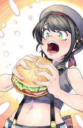 Rule 34 | 1girl, beret, black hair, blouse, burger, chales28ho, cropped shirt, food, green eyes, grey hat, grey shirt, hat, holding, holding food, hololive, looking down, navel, oozora subaru, oozora subaru (work), open mouth, shirt, short hair, sleeveless, sleeveless shirt, solo, sparkle hair ornament, striped clothes, striped shirt, suspenders, upper body, vertical-striped clothes, vertical-striped shirt, virtual youtuber