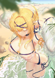 Rule 34 | 1girl, absurdres, artist request, ass, azur lane, bare shoulders, bikini, blonde hair, blue choker, blue ribbon, breasts, choker, cleavage, cross, cross choker, closed eyes, highres, jeanne d&#039;arc (azur lane), jeanne d&#039;arc (saintess of the sea) (azur lane), large breasts, layered bikini, long hair, night (theninth cycle), o-ring, o-ring top, official alternate costume, purple ribbon, ribbon, see-through, solo, swimsuit, toiletries, water