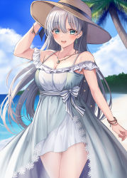 Rule 34 | 1girl, anastasia (fate), anastasia (swimsuit archer) (fate), anastasia (swimsuit archer) (first ascension) (fate), bare shoulders, beach, blue dress, blue eyes, blue sky, blush, bracelet, breasts, collarbone, dress, earrings, fate/grand order, fate (series), hair over one eye, hairband, harimoji, hat, highres, jewelry, large breasts, long hair, looking at viewer, necklace, open mouth, palm tree, pendant, silver hair, sky, smile, solo, straw hat, thighs, tree, very long hair