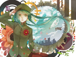 Rule 34 | 1925 (vocaloid), 1girl, anzu (astro75), city, flower, green eyes, green hair, hand on own head, hat, hatsune miku, long hair, matching hair/eyes, peaked cap, solo, twintails, vocaloid