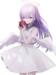 Rule 34 | 1girl, angel, angel wings, apple, closed mouth, collared dress, cowboy shot, dress, feathered wings, food, fruit, hair over eyes, halo, hands up, highres, holding, holding food, holding fruit, long hair, migihidari (puwako), original, purple eyes, purple hair, red apple, simple background, sleeveless, sleeveless dress, smile, solo, white background, white dress, white wings, wings