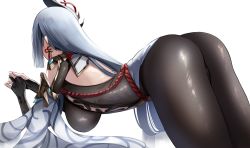 Rule 34 | 1girl, ass, black bodysuit, bodysuit, braid, breasts, clothing cutout, from side, genshin impact, highres, large breasts, long hair, low-braided long hair, low-tied long hair, nicky w, shenhe (genshin impact), shoulder cutout, silver hair, simple background, solo, thighs