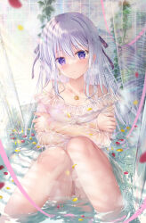 Rule 34 | 1girl, bathtub, breasts, clothed bath, crossed arms, dress, hair ribbon, highres, hiiragi asuka (twinbox), jewelry, light smile, long sleeves, looking at viewer, necklace, original, partially submerged, piercing, purple eyes, ribbon, see-through, sitting, small breasts, solo, sousouman, water, wet, white hair
