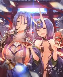 Rule 34 | 2girls, alcohol, backlighting, black gloves, blue eyes, blunt bangs, blurry, blush, bottle, breasts, bust cup, cherry blossoms, cleavage, commentary, covered erect nipples, cup, depth of field, drunk, fang, fate/grand order, fate (series), fingerless gloves, full-face blush, gauntlets, gloves, hair between eyes, half-closed eyes, hand up, hands up, holding, horns, japanese clothes, kimono, kimono pull, lantern, large breasts, licking, licking finger, light rays, long hair, minamoto no raikou (fate), multiple girls, naked tabard, night, night sky, nipples, open mouth, paper lantern, petals, purple eyes, purple hair, revealing clothes, sakazuki, sake, sake bottle, see-through, short hair, shuten douji (fate), skin-covered horns, sky, small breasts, smile, tabard, teddy (khanshin), thick eyebrows, tongue, tongue out, torii, turtleneck, wet, wet clothes