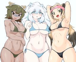 Rule 34 | 3girls, :d, :o, ahoge, animal ears, arm at side, armpits, arms behind head, arms up, aurochs (kemono friends), bear ears, big hair, bikini, black bikini, black hair, blonde hair, blue bikini, blue eyes, breasts, brown eyes, brown hair, collarbone, cow ears, cow horns, cow tail, dark-skinned female, dark skin, embarrassed, empty eyes, extra ears, ezo brown bear (kemono friends), furrowed brow, gluteal fold, green bikini, green eyes, green hair, hair between eyes, hand on own arm, hand up, headband, horns, kemono friends, large breasts, lion ears, long hair, looking at viewer, medium breasts, multicolored hair, multiple girls, navel, open mouth, pale skin, side-by-side, side-tie bikini bottom, side-tie bottom, sidelocks, simple background, smile, stomach, swimsuit, tail, turn pale, twintails, two-tone hair, v-shaped eyebrows, volfogg asagi, wavy mouth, white background, white hair, white lion (kemono friends)