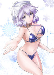 Rule 34 | 1girl, adapted costume, bare shoulders, bikini, blue bikini, breasts, closed mouth, commentary request, feet out of frame, foreshortening, hair between eyes, hat, large breasts, letty whiterock, light smile, looking at viewer, purple eyes, purple hair, reaching, reaching towards viewer, short hair, simple background, snowflakes, solo, swimsuit, thighs, touhou, white background, white hat, y2