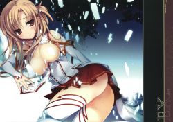 Rule 34 | 10s, 1girl, 2012, absurdres, asuna (sao), bare shoulders, blush, breasts, brown eyes, brown hair, copyright name, detached sleeves, gradient background, highres, huge filesize, karory, long hair, looking at viewer, lying, nipples, non-web source, on side, pussy juice, scan, skirt, solo, sword art online, thighhighs, white thighhighs