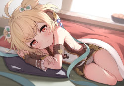 Rule 34 | 1girl, ahoge, andira (granblue fantasy), animal ears, blonde hair, breasts, closed mouth, erune, granblue fantasy, highres, kimblee, kotatsu, looking at viewer, lying, monkey ears, on side, short hair, small breasts, smile, solo, table, thigh gap, thighs