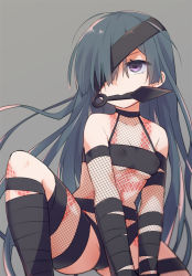 Rule 34 | 1girl, ass, black hair, black panties, blurry, breasts, depth of field, covered erect nipples, eyepatch, fate/grand order, fate (series), fishnet gloves, fishnet legwear, fishnets, gloves, hair over one eye, kunai, legs, long hair, mochizuki chiyome (fate), mouth hold, ninja, on one knee, panties, purple eyes, simple background, small breasts, solo, spread legs, squatting, stroma, thigh strap, thighs, underwear, v arms, very long hair, weapon