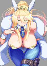 Rule 34 | 1girl, animal ears, artoria pendragon (all), artoria pendragon (fate), artoria pendragon (swimsuit ruler) (fate), bare shoulders, blonde hair, blue pantyhose, breasts, crown, fake animal ears, fate/grand order, fate (series), feather boa, fishnet pantyhose, fishnets, green eyes, grey background, hair between eyes, hand on own hip, hanging breasts, holster, kikunosukemaru, leaning forward, leotard, looking at viewer, navel, necktie, pantyhose, playboy bunny, poker chip, ponytail, rabbit ears, simple background, smile, solo, thigh holster