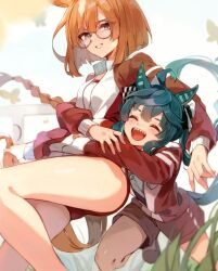 Rule 34 | 2girls, :d, ahoge, animal ears, blue hair, blunt bangs, blush, bob cut, bow, braid, bug, buruma, butterfly, closed eyes, commentary, crossed bangs, glasses, grass, grey-framed eyewear, grey eyes, grin, gym shorts, gym uniform, hair bow, holding own tail, horse ears, horse girl, horse tail, hug, hug from behind, ikuno dictus (umamusume), insect, jacket, leg up, long hair, long sleeves, looking at another, multicolored hair, multiple girls, open mouth, orange hair, osamu (uko oku), partially unzipped, red buruma, red jacket, red shorts, round eyewear, sharp teeth, shorts, sidelocks, single braid, smile, streaked hair, striped bow, tail, teeth, tracen training uniform, twin turbo (umamusume), twintails, umamusume, upper teeth only