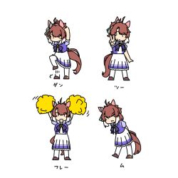 Rule 34 | 1girl, afterimage, ahoge, animal ears, arms behind back, arms up, brown footwear, brown hair, chibi, clenched hands, dantsu flame (umamusume), ear covers, hair ornament, hairclip, holding, holding pom poms, horse ears, horse girl, horse tail, kashinoki (koaaski), looking at viewer, motion lines, multiple views, pom pom (cheerleading), pom poms, purple shirt, reaching, reaching towards viewer, school uniform, shirt, shoes, short hair, short sleeves, simple background, skirt, smile, stomping, tail, thighhighs, tracen school uniform, translation request, umamusume, v, v-shaped eyebrows, white background, white skirt, white thighhighs, | |