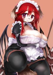 Rule 34 | 1girl, alternate costume, amii, animal ears, apron, bad id, bad pixiv id, bat wings, bespectacled, black thighhighs, breast hold, breast lift, breast rest, breasts, cleavage, collarbone, commentary request, demon wings, dog ears, dog tail, eyebrows, fat, glasses, huge breasts, koakuma, long hair, long sleeves, looking at viewer, maid apron, maid headdress, plump, puffy sleeves, red eyes, red hair, round eyewear, sad, simple background, solo, squatting, tail, thick eyebrows, thick thighs, thighhighs, thighs, touhou, wavy mouth, wings
