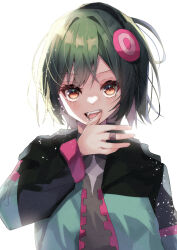 Rule 34 | 1girl, commentary request, fang, go our way!, green hair, green jacket, hair ornament, highres, jacket, jewelry, long sleeves, looking at viewer, love live!, love live! nijigasaki high school idol club, making-of available, mifune shioriko, multicolored clothes, multicolored jacket, open clothes, open jacket, open mouth, orange eyes, ring, short hair, solo, takenokohime, upper body, v-shaped eyebrows, white background
