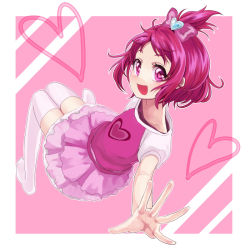 Rule 34 | 1girl, :d, bad id, bad pixiv id, blush, bow, dokidoki! precure, hair ribbon, half updo, heart, looking back, open mouth, outstretched arm, outstretched hand, personification, pink background, pink bow, pink eyes, pink hair, precure, ribbon, sasamaru chimaki, sharuru (dokidoki! precure), sharuru (dokidoki! precure) (human), short hair, short sleeves, sitting, skirt, smile, solo, thighhighs, white thighhighs