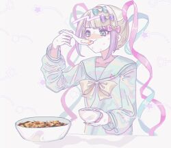 Rule 34 | 1girl, blonde hair, blue bow, blue eyes, blue hair, blue shirt, blunt bangs, bow, bowl, chouzetsusaikawa tenshi-chan, commentary request, eating, food, hair bow, hair ornament, heart, heart hair ornament, highres, holding, holding bowl, holding spoon, kanja (kranke angel), long hair, long sleeves, mapo tofu, multicolored hair, needy girl overdose, pink bow, pink hair, purple bow, quad tails, sailor collar, shirt, solo, spoon, sweat, sweatdrop, twintails, upper body, very long hair, yellow bow