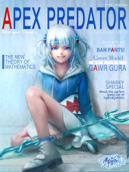 Rule 34 | 1girl, :d, absurdres, ankle socks, artist name, blue eyes, blue hair, blue socks, blunt bangs, commentary, cover, english commentary, english text, fake cover, fins, fish tail, gawr gura, hair ornament, highres, hololive, hololive english, hood, hood down, knee up, long hair, long hoodie, long sleeves, looking at viewer, magazine cover, medium hair, multicolored hair, myo-zin, naughty face, on floor, open mouth, polearm, shark girl, shark hair ornament, shark tail, sharp teeth, shoes, signature, silver hair, sitting, sleeves past wrists, smile, socks, solo, streaked hair, tail, teeth, trident, two-tone hair, two side up, virtual youtuber, weapon, white footwear, wide sleeves