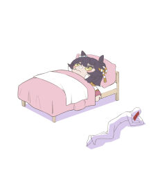Rule 34 | 1other, absurdres, akaya shiki, bandaid, bed, black hair, blanket, blush stickers, character name, doqute stuffed doll, faceless, highres, lying, mouth hold, narita brian (umamusume), ofuda, on side, pillow, rope, shimenawa, simple background, stalk in mouth, talisman, umamusume, white background