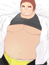 Rule 34 | 1boy, 3c pan, alternate pectoral size, bara, belly, blush, brown hair, bulge, facial hair, facial scar, tamamura gunzo, highres, large pectorals, long sideburns, looking at viewer, lying, male focus, male underwear, male underwear peek, muscular, muscular male, navel, on back, on bed, open clothes, open pants, open shirt, pants, pectorals, scar, scar on cheek, scar on face, scar on nose, short hair, sideburns, small head, solo, spiked hair, stomach, stubble, sweatdrop, thick eyebrows, tokyo houkago summoners, underpec, underwear, undressing, yellow male underwear