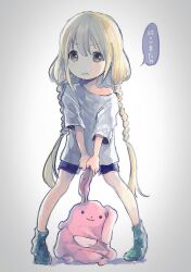 Rule 34 | 1girl, blonde hair, brown eyes, comeco, full body, futaba anzu, idolmaster, idolmaster cinderella girls, long hair, looking at viewer, low twintails, parted lips, shirt, shorts, single bare shoulder, sketch, solo, stuffed animal, stuffed rabbit, stuffed toy, t-shirt, twintails